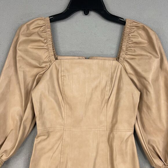 7 For All Mankind Dress Womens XS Tan Faux Leather Square Neck Puff Sleeve Mini - Picture 2 of 14